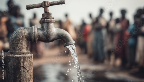 Old metal faucet with flowing water in front of a crowd of people in a developing country.