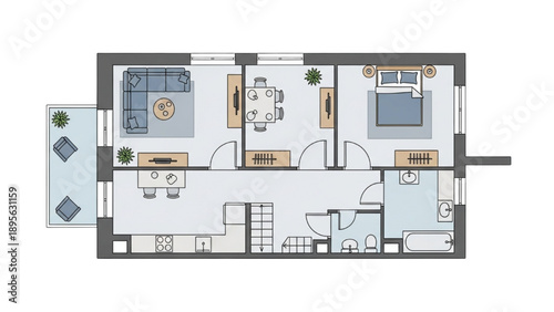 Modern Apartment Floor Plan with Living Area, Kitchen, and Bedroom