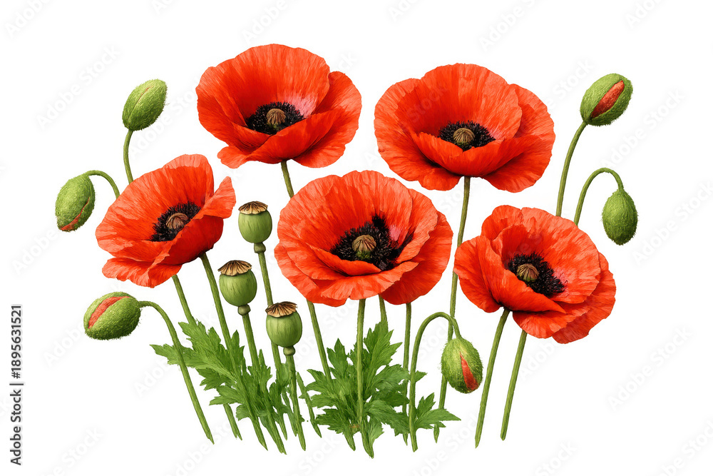 Fototapeta premium Red poppy flowers with buds, delicate petals opening, vibrant botanical scene on transparent background