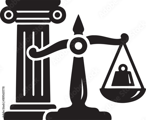 Justice scales and pillar vector icon, law and legal system symbol, black and white illustration isolated on white