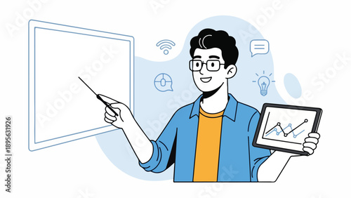 A smiling person points at a display screen and holds a device with a graph