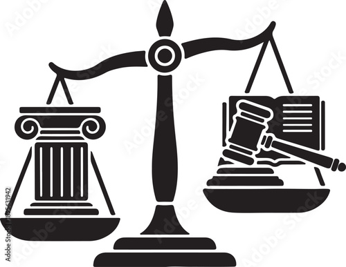 Justice scales vector icon with column, book, and gavel in black and white, isolated on white