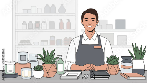 A smiling store employee stands behind a counter with various potted plants and candles