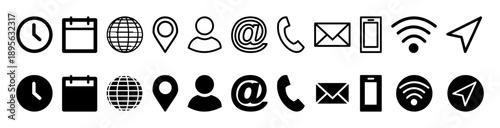 Business card contact information icon set. Containing name, address, location, mail, email, telephone, cell phone and website. Transparent background SVG version.