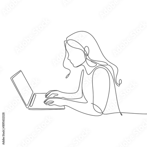 Continuous line drawing of a woman using a laptop computer