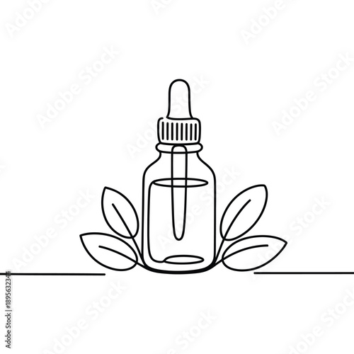 Minimalist line drawing of a bottle with leaves representing essential oils