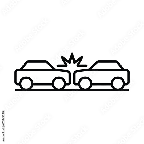 Simple black and white line drawing depicting a head on car collision