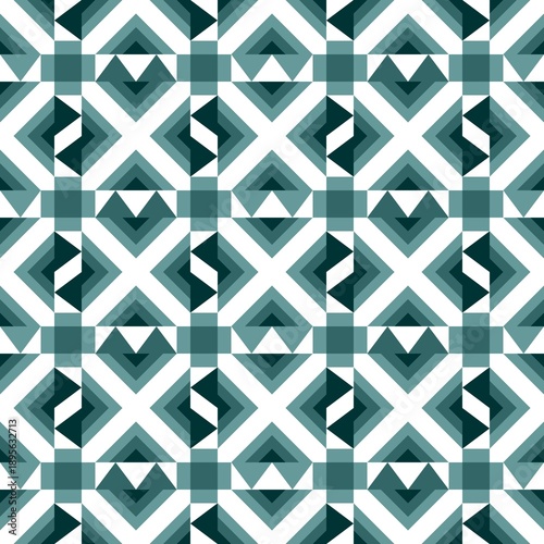Geometric pattern with triangles and squares in dark green, moss green, and light green.