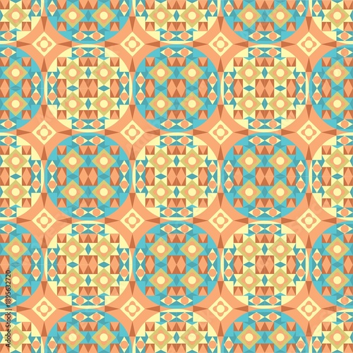 Mosaic pattern in the colors peach, turquoise green, sea green, banana yellow, chalk yellow and brick red.