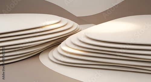 Minimalist podium stage, round layers and soft light creating a scene