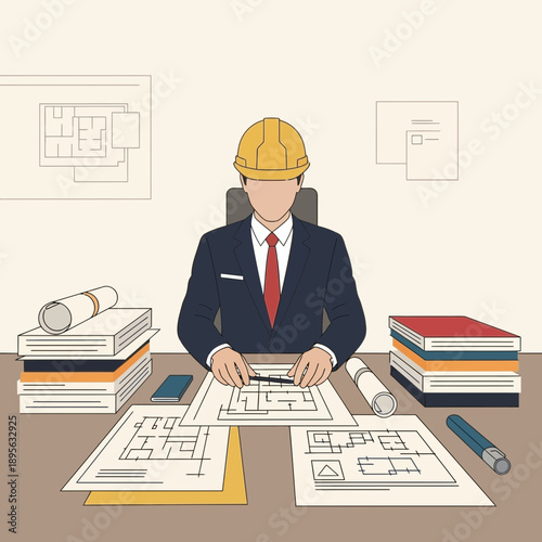 Architect at desk with blueprints and hard hat