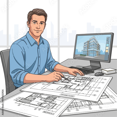 Architect at desk with building plans and computer rendering