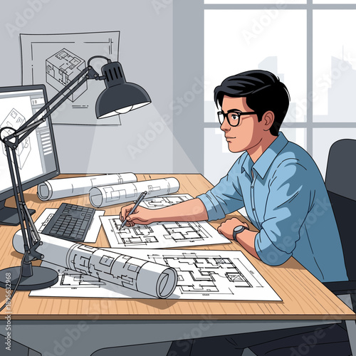 Architect designing building plans on computer and paper