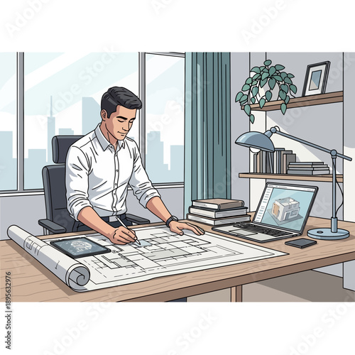 Architect designing building plans on desk with laptop and blueprints