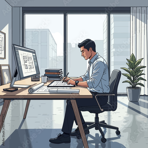 Architect working on blueprint at desk in modern office