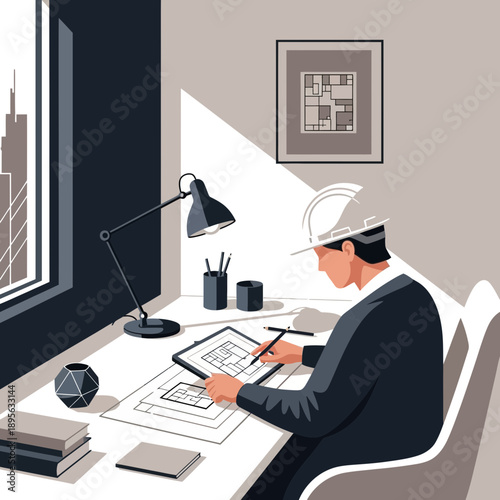 Architect working on blueprint at desk with city view