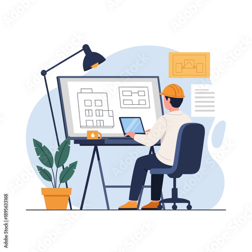 Architect working on building plans with tablet and blueprint