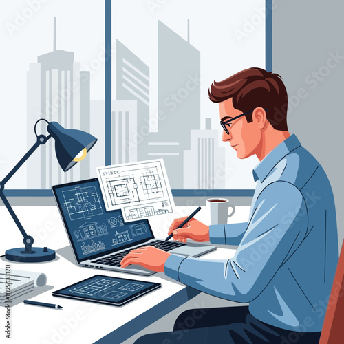 Architect working on blueprint designs on laptop and tablet in modern office