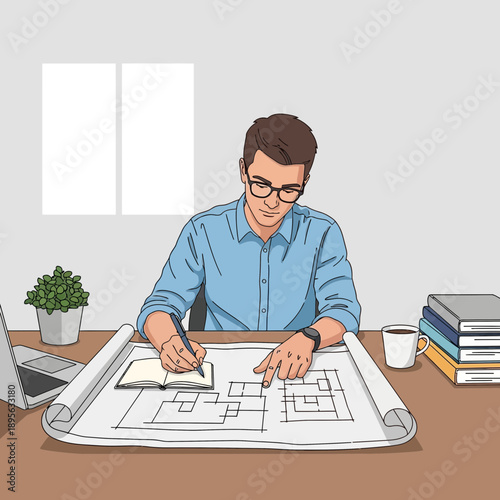 Architect working on blueprints at desk with laptop and coffee