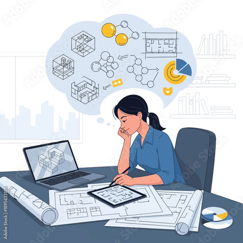 Architectural design process, woman sketching blueprints on tablet, laptop with 3d model