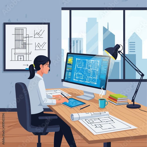 Architectural designer working on blueprints at computer in modern office