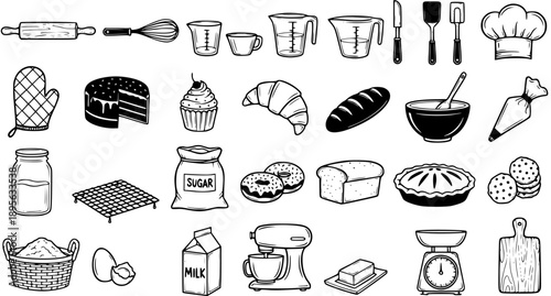 Black  White Line Art Baking Icons Set. Hand Drawn Kitchen Tools, Ingredients, and Baked Goods Collection. Food Industry Cooking Supplies Doodle Vector.