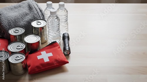 Emergency supplies including food, water, first aid kit, and flashlight on a wooden table viewed from above