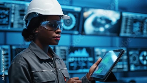 Skilled female engineer analyzing complex data on a digital tablet in a modern industrial control room, ensuring operational efficiency