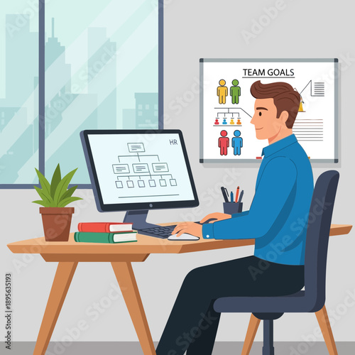 Businessman working at office desk with computer and organizational chart