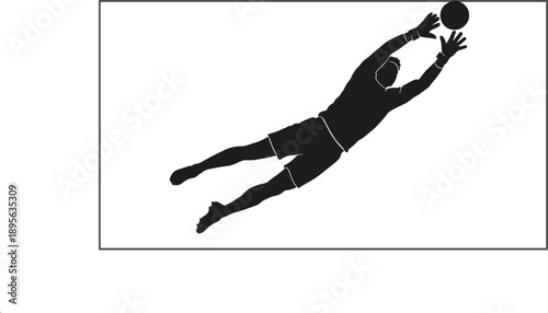 Dynamic goalkeeper silhouette vector illustration showing a dramatic diving save inside a framed layout, perfect for sports graphics, soccer training designs, athletic posters,