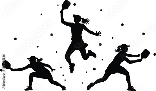 Dynamic pickleball player silhouettes in action with paddles and flying balls, energetic sports vector scene for fitness design, competitive athletic illustration