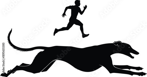 Dynamic silhouette illustration of a fast running man above a sprinting greyhound dog, showcasing speed, motion, athletic energy, animal agility, and competitive action, vector art