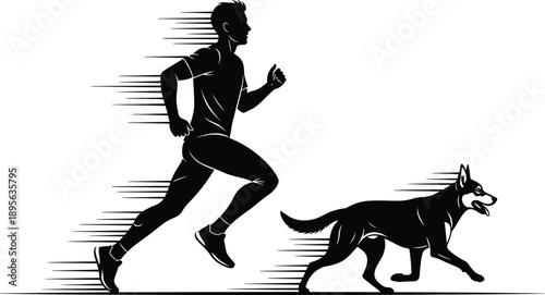 Dynamic silhouette vector illustration of a man running with a dog, emphasizing speed, fitness, canine energy, outdoor exercise, and active lifestyle for modern design projects