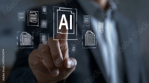 Businessman interacting with AI interface.