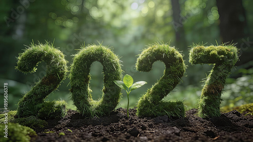 A conceptual nature image showing the year 2027 crafted entirely from lush green grass and moss, standing upright on dark, rich soil. Happy New Year, New Year