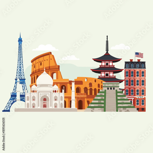 A stylized illustration of world famous monuments
