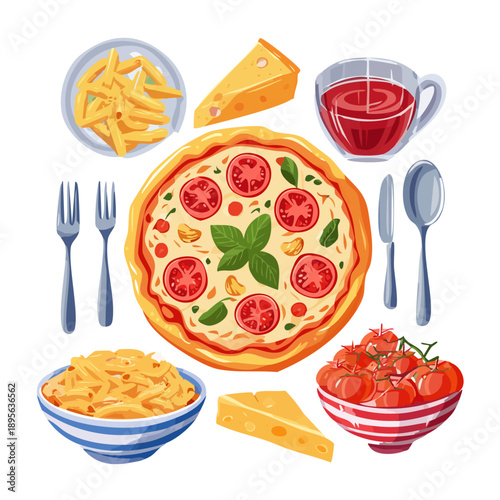 Pizza Flat Lay Illustration with Cheese, Pasta, Fries, and Tableware