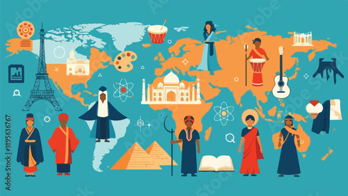 A stylized map showcasing diverse cultures, landmarks, and elements globally