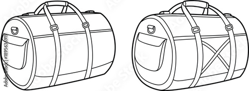 Duffel bag technical sketch, cylindrical shape, front pocket, strap design, fashion accessory, vector outline, CAD drawing, flat illustration, template