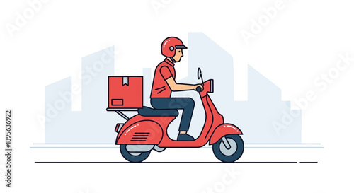 Delivery service with a courier riding a red scooter in the city vector illustration