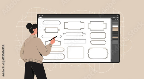 Digital designer working on frame templates, creating designs for branding elements