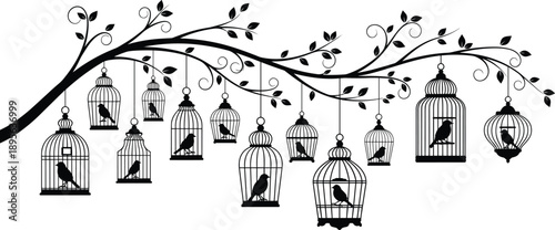 Decorative birdcages hanging from tree branch silhouette isolated on white background showing birds nature concept artistic vector illustration elegant vintage design