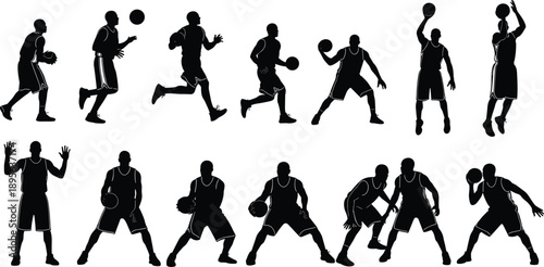 Dynamic basketball player silhouette vector set featuring dribbling, running, shooting and defensive motions, detailed black illustration ideal for sports design, training graphics