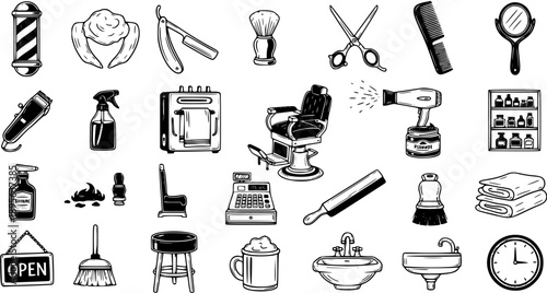 Barber Shop and Hair Salon Tools Line Art Icons Set. Hand Drawn Vintage Barbering Equipment and Grooming Accessories Collection.
