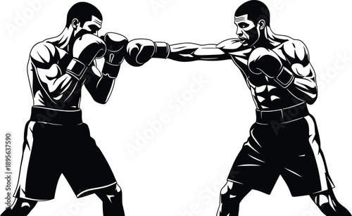 Dynamic boxing match vector illustration featuring two muscular fighters exchanging powerful punches, detailed sports artwork ideal for fitness branding, training posters,