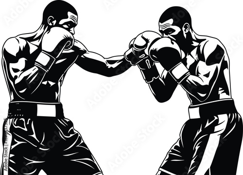 Dynamic boxing match illustration showing two athletes sparring, powerful sports vector artwork, competitive action scene, detailed monochrome style for fitness and training themes
