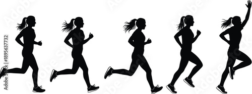 Dynamic female runner silhouette sequence showing progressive running motion, athletic woman jogging poses, sport training illustration for fitness, marathon, health, and exercise concepts