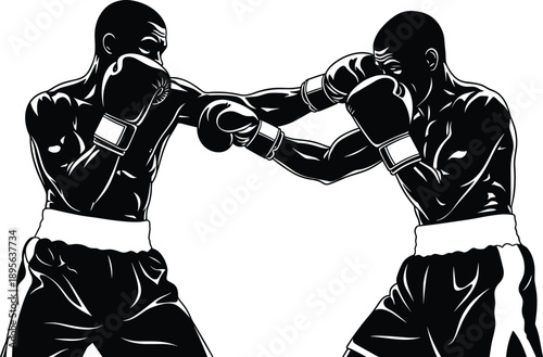Dynamic boxing match vector illustration showing two powerful athletes exchanging punches with intense action, strong movement, detailed shadows, competitive sports energy, bold black silhouette style