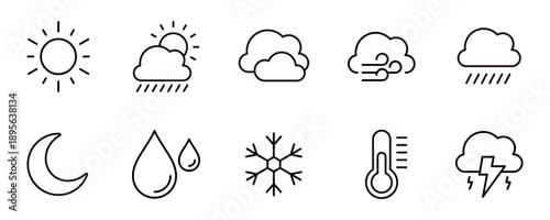 simple weather forecast icon line set. Day and night weather temperature, rain, cloudy, wind, storm, snow, warm and cold element sign vector outline illustration