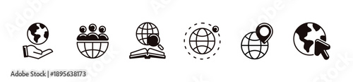 Planet earth globe icon line set. Worldwide global international business network connection, world map pin point geography location travel direction signs outline unique style vector illustration